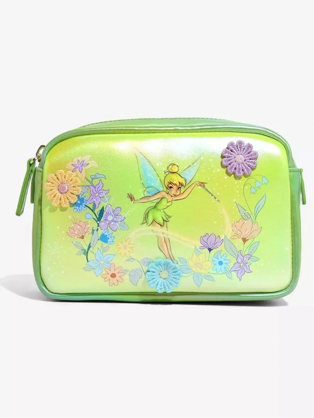 LOUNGEFLY DISNEY TINKER BELL IRIDESCENT GREEN FLORAL COSMETIC BAG NWT